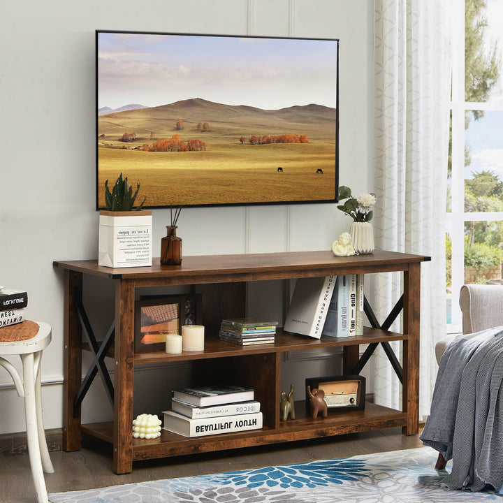 3 Tier Rustic TV Stand with Open Shelves and Cable Management - TidySpaces