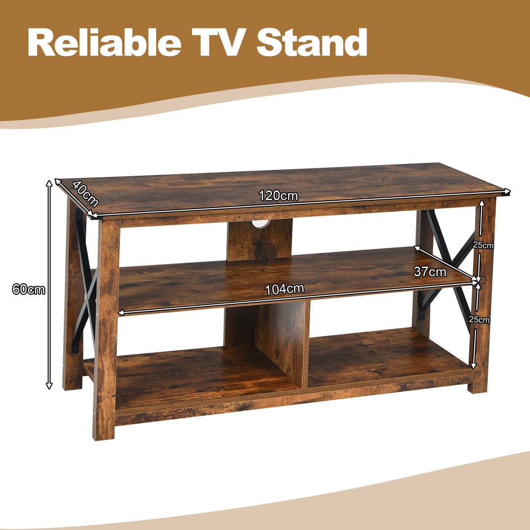 3 Tier Rustic TV Stand with Open Shelves and Cable Management - TidySpaces