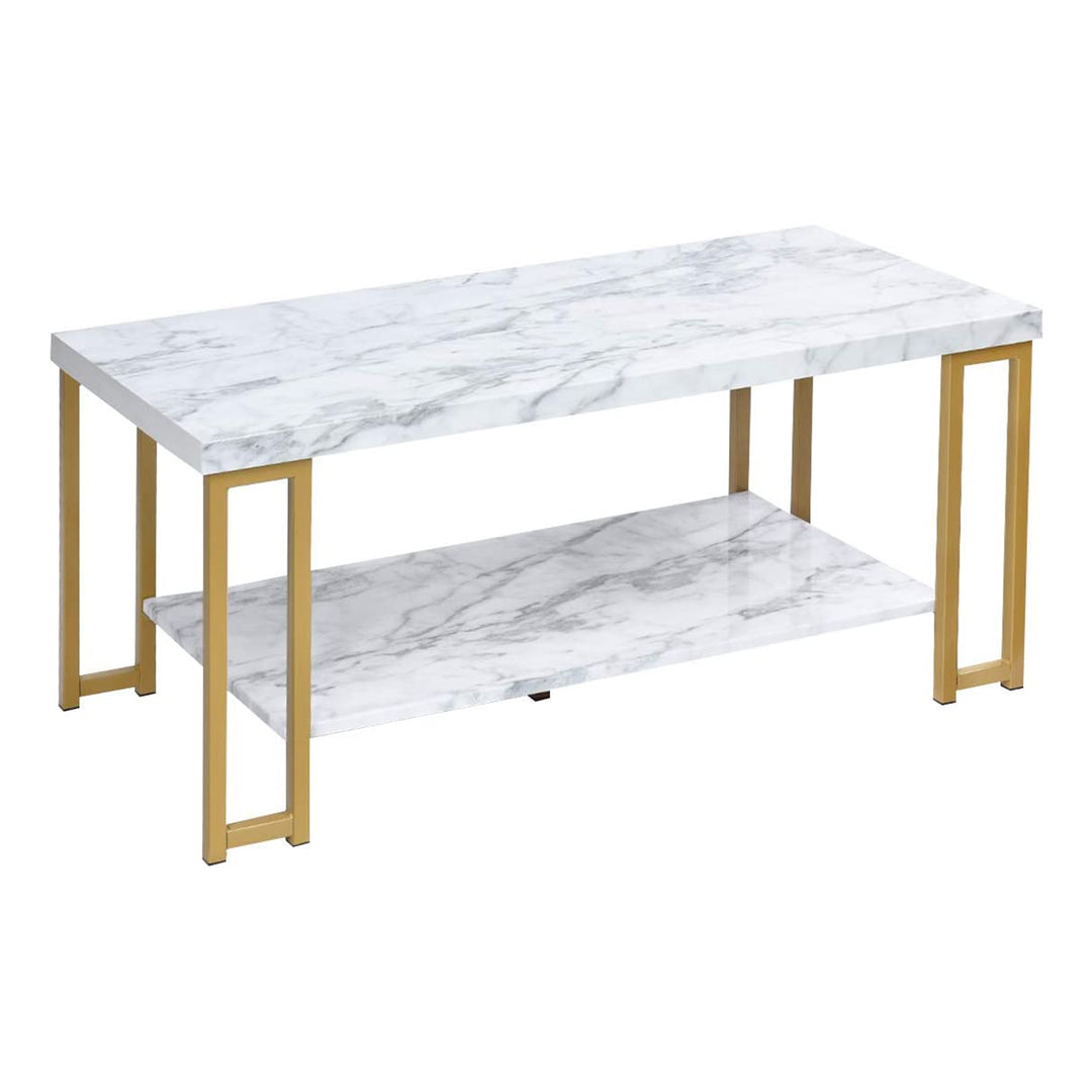 2 Tier Marble Print Coffee Table with MDF Top and Gold Print Metal Frame - TidySpaces