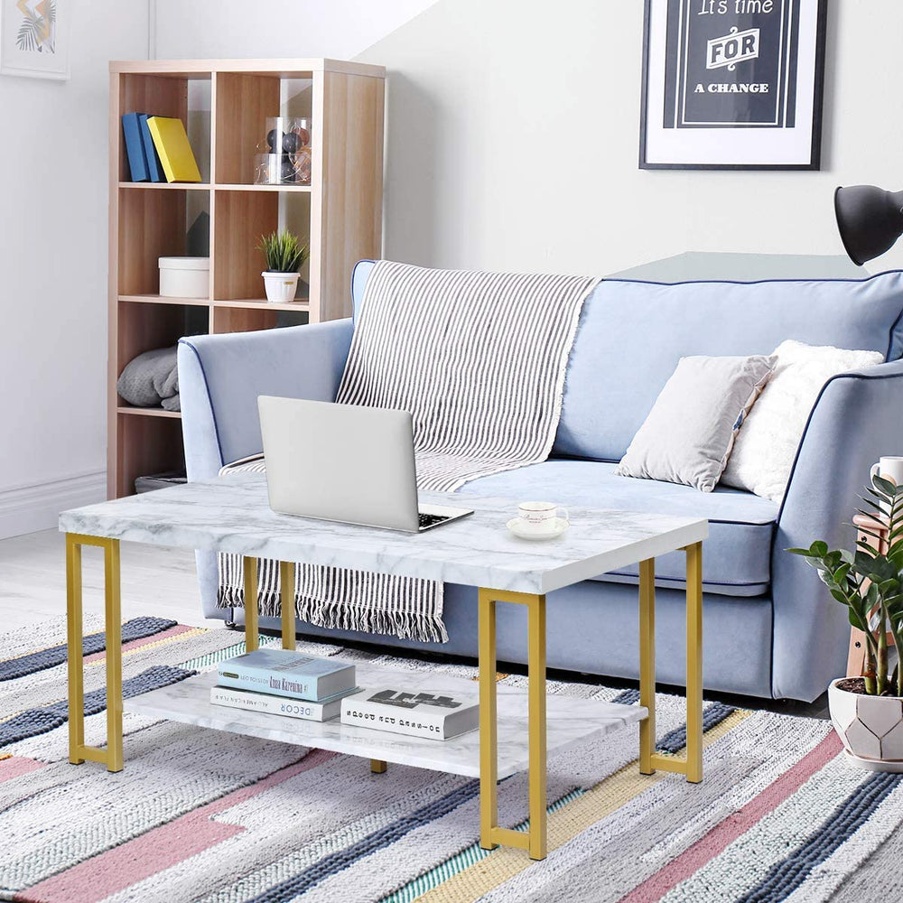 2 Tier Marble Print Coffee Table with MDF Top and Gold Print Metal Frame - TidySpaces