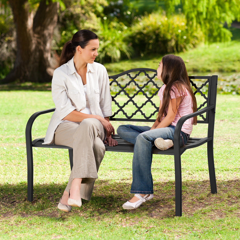 Patio Garden Bench with Iron Casted Seat, Armrest and Backrest - TidySpaces