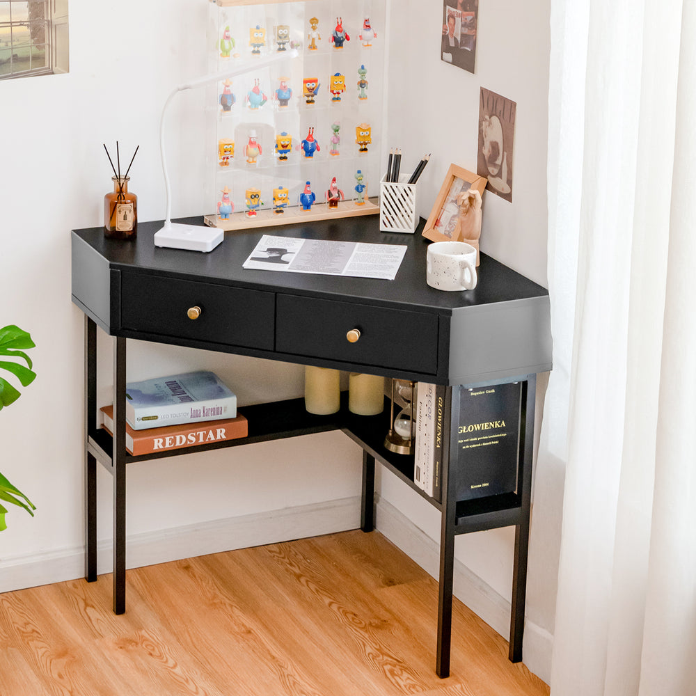 Triangular Corner Computer Desk with 2 Drawers and Storage Shelves - TidySpaces