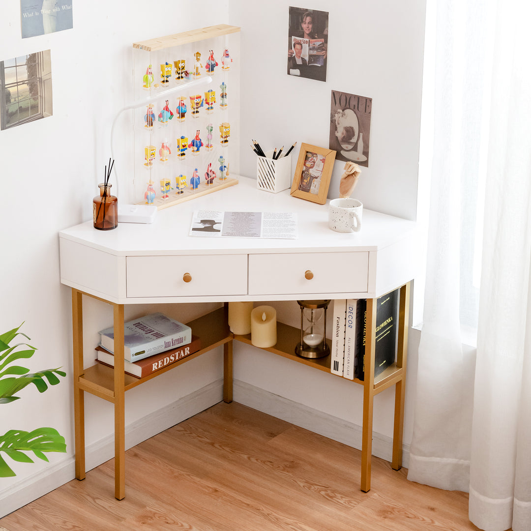 Triangular Corner Computer Desk with 2 Drawers and Storage Shelves - TidySpaces