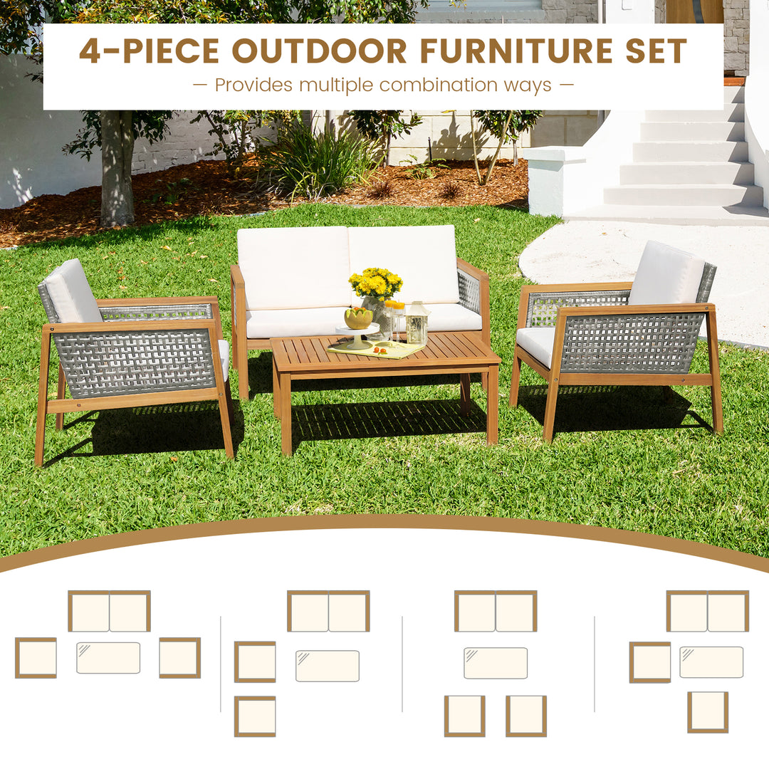 4 Pieces Wicker Patio Furniture Set with Loveseat Coffee Table and Chairs