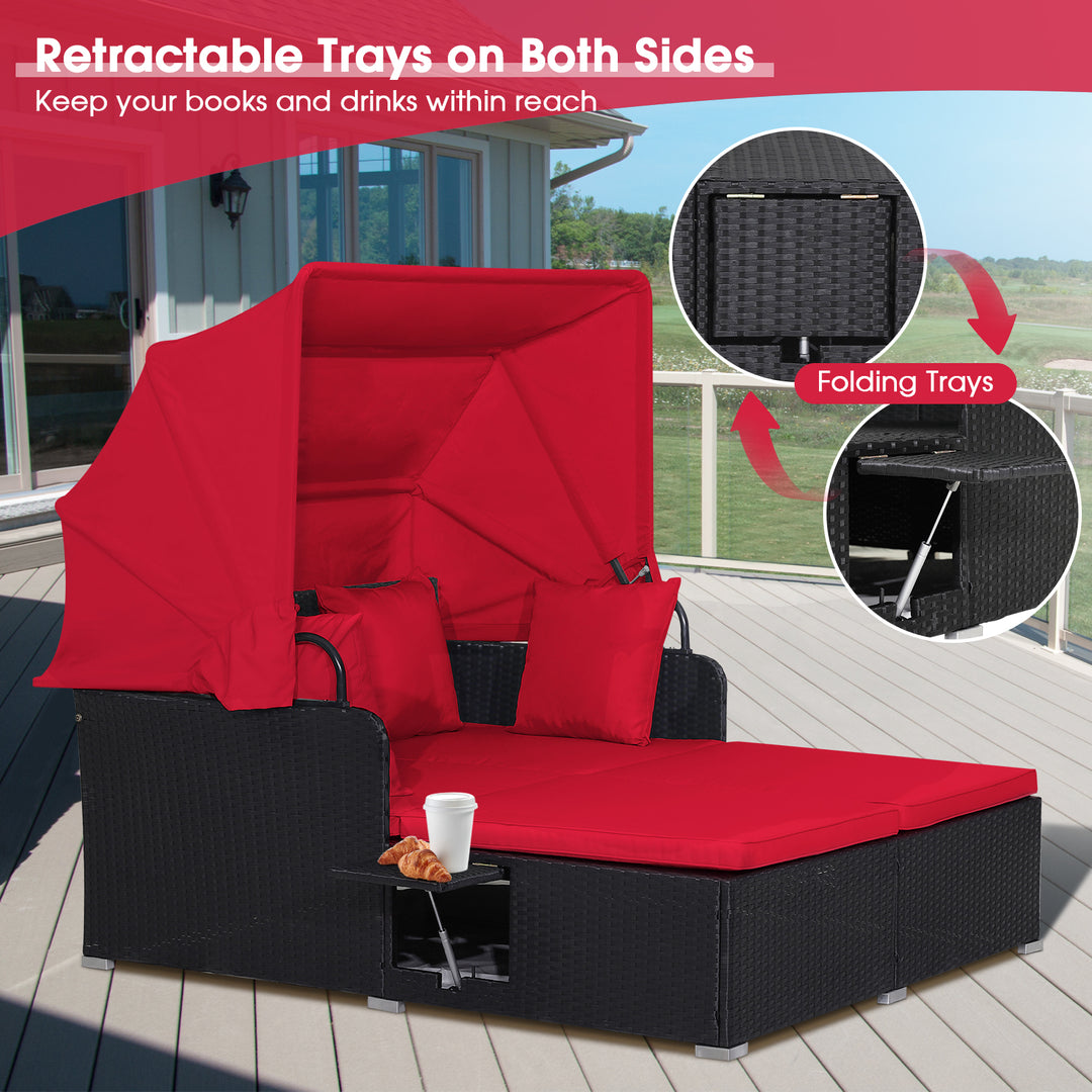 Patio Rattan Daybed with Retractable Canopy and Side Trays and Cushions - TidySpaces