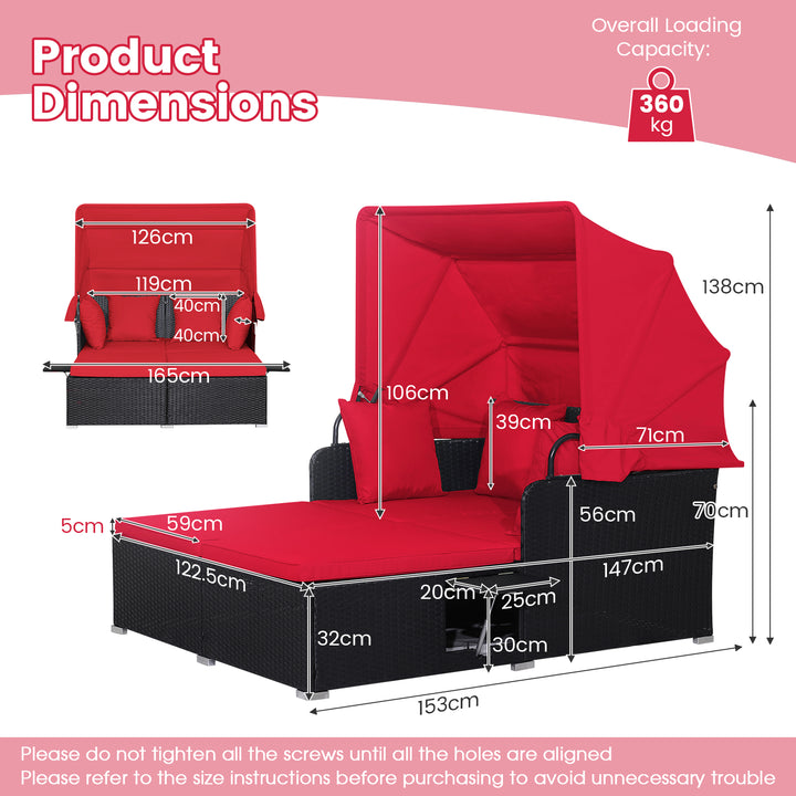 Patio Rattan Daybed with Retractable Canopy and Side Trays and Cushions - TidySpaces