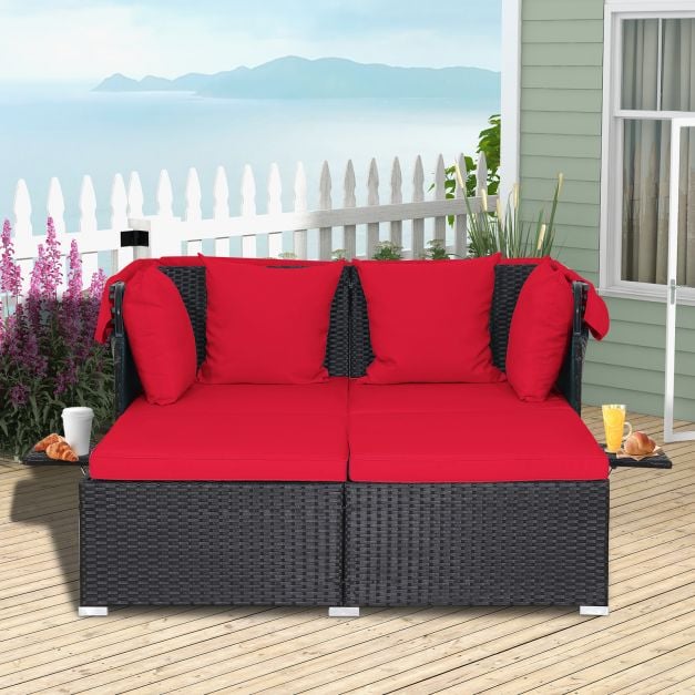 Rattan Daybed with Retractable Canopy, Cushions, and Side Trays for Garden or Patio