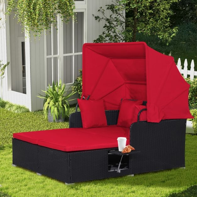 Rattan Daybed with Retractable Canopy, Cushions, and Side Trays for Garden or Patio