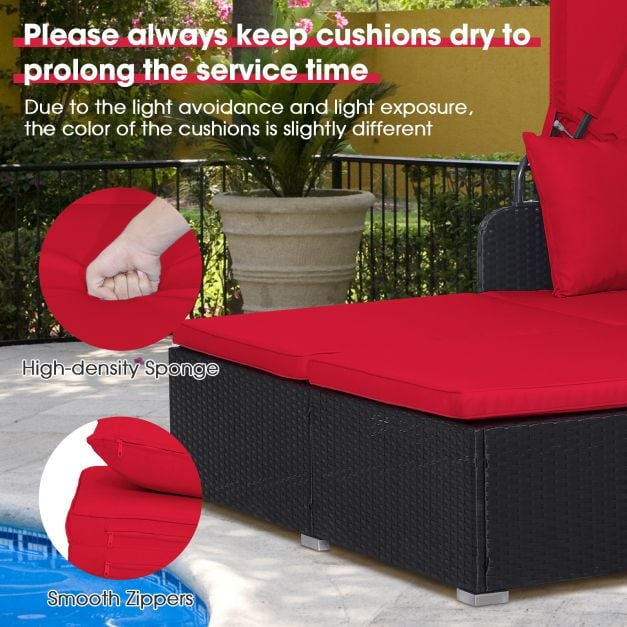 Rattan Daybed with Retractable Canopy, Cushions, and Side Trays for Garden or Patio