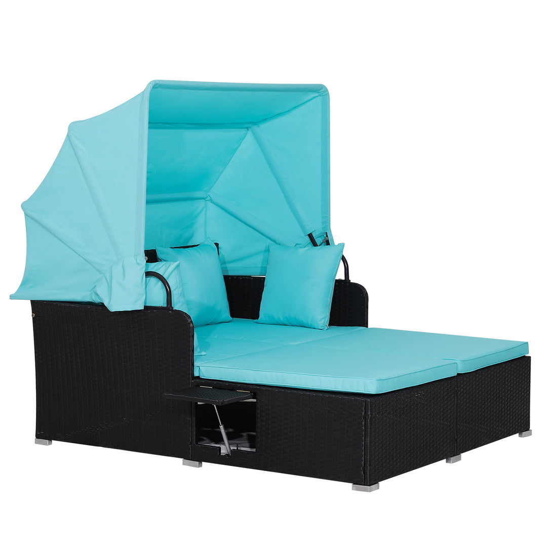 Patio Rattan Daybed with Retractable Canopy and Side Trays and Cushions Turquoise - TidySpaces