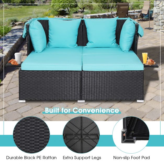 Rattan Daybed with Retractable Canopy, Cushions, and Side Trays for Garden or Patio