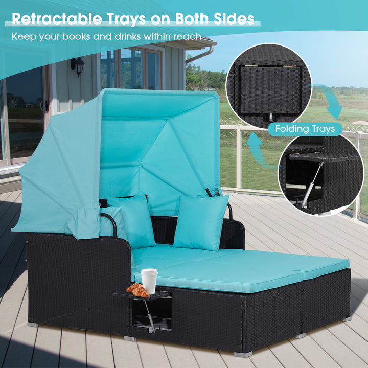 Patio Rattan Daybed with Retractable Canopy and Side Trays and Cushions - TidySpaces