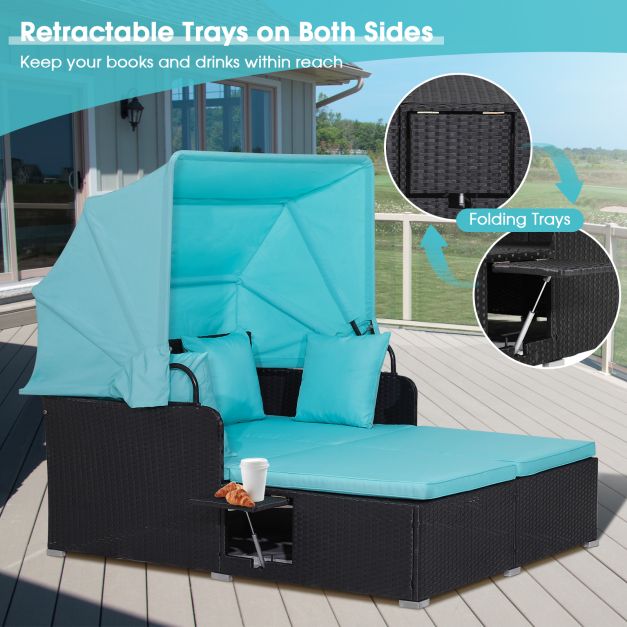 Rattan Daybed with Retractable Canopy, Cushions, and Side Trays for Garden or Patio