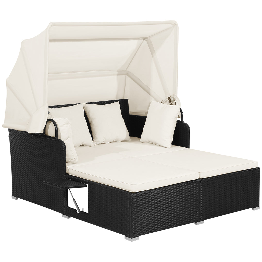 Patio Rattan Daybed with Retractable Canopy and Side Trays and Cushions White - TidySpaces