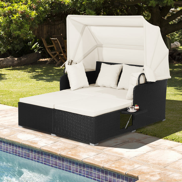 Patio Rattan Daybed with Retractable Canopy and Side Trays and Cushions - TidySpaces