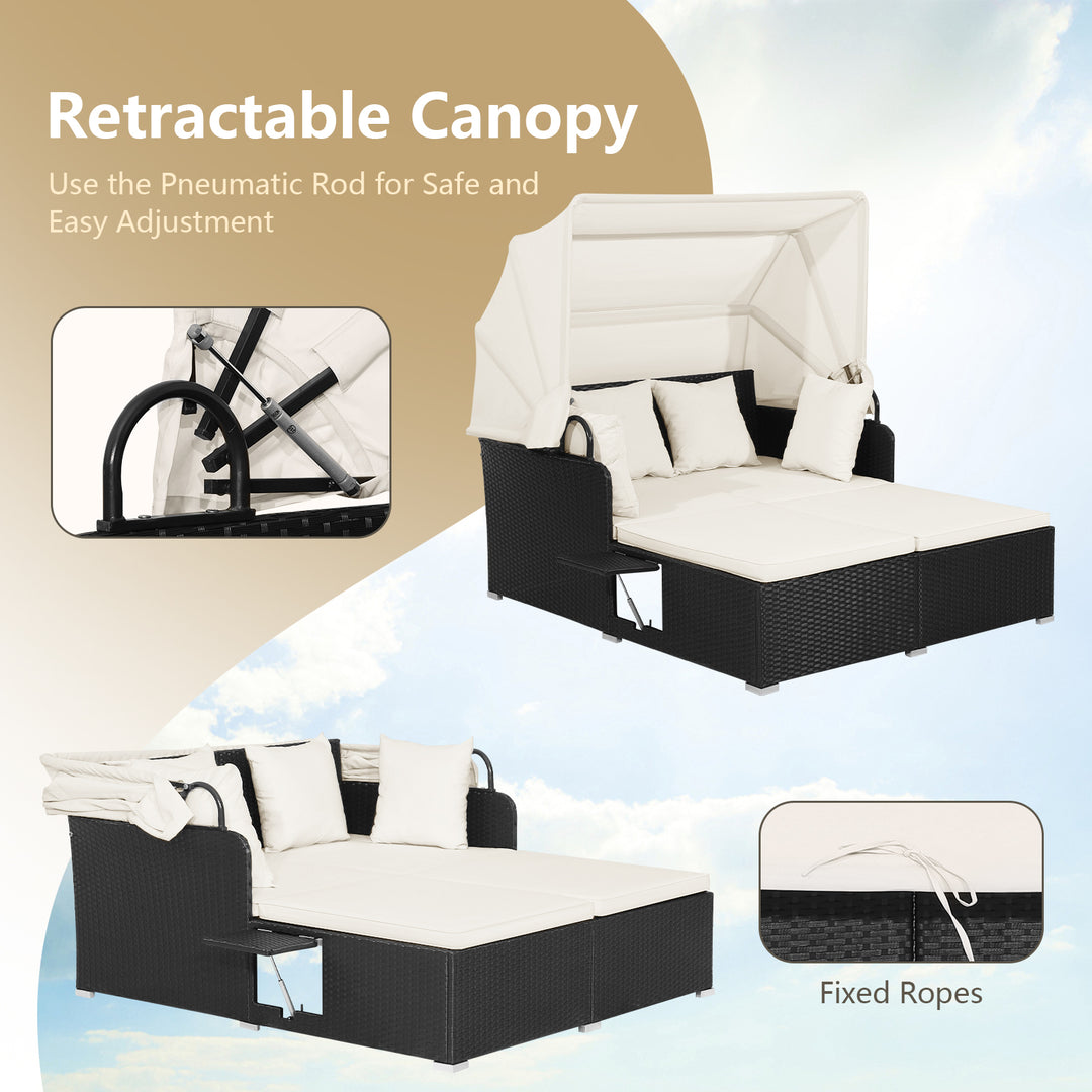 Patio Rattan Daybed with Retractable Canopy and Side Trays and Cushions - TidySpaces