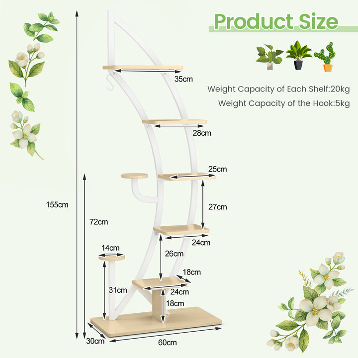 8 Tier Tall Wooden Curved Half Moo Shape Plant Stand with Top Hook