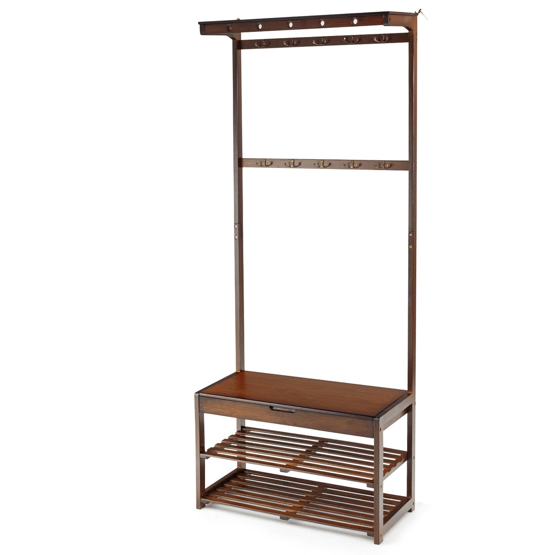 Entryway Storage Organizer with 10 Hanging Hooks and 2 Tier Shoe Shelves Coffee - TidySpaces