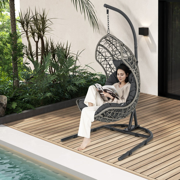 Hanging Egg Patio Wicker Chair with Stand and Cushion-Grey - TidySpaces