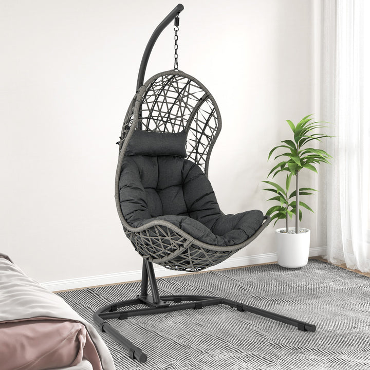 Hanging Egg Patio Wicker Chair with Stand and Cushion-Grey - TidySpaces