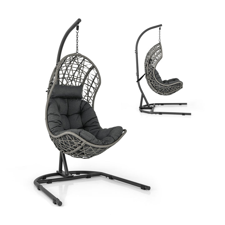 Hanging Egg Patio Wicker Chair with Stand and Cushion-Grey - TidySpaces