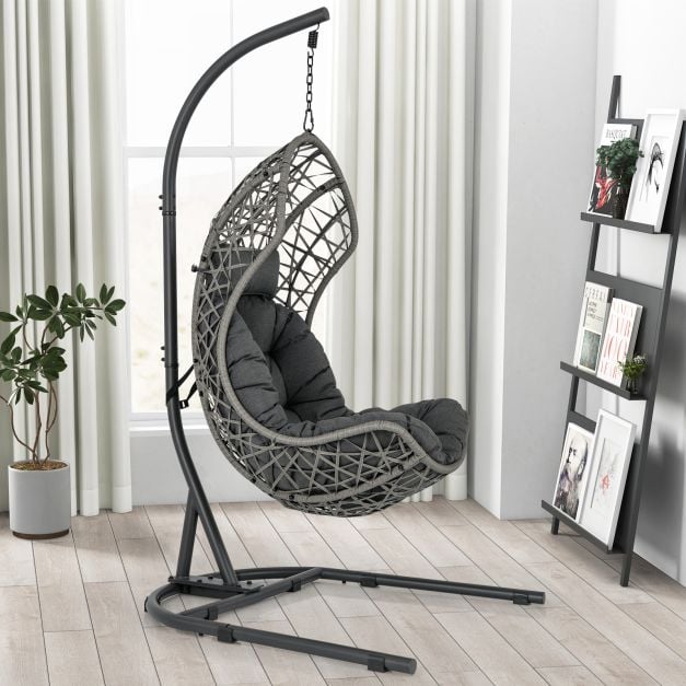 Hanging Egg Patio Wicker Chair with Stand and Cushion-Grey - TidySpaces