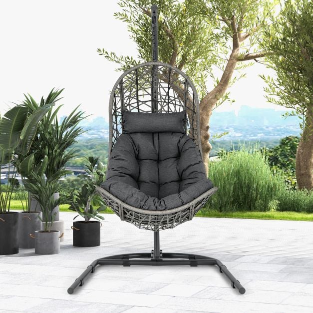 Hanging Egg Patio Wicker Chair with Stand and Cushion-Grey - TidySpaces