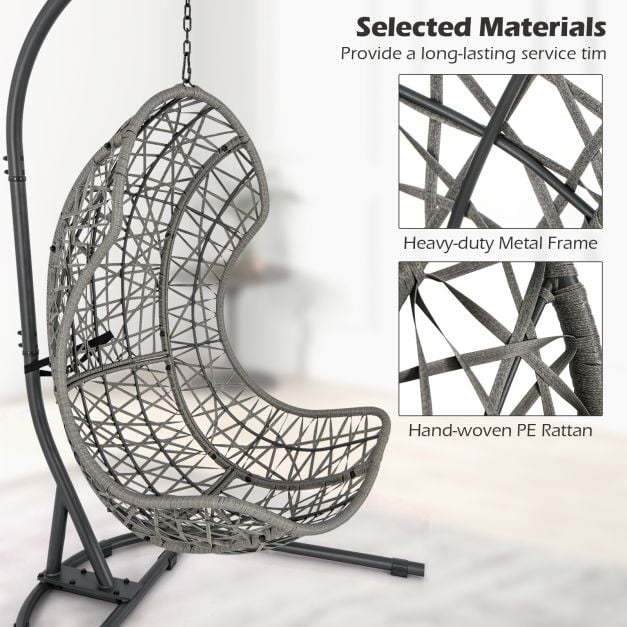 Hanging Egg Patio Wicker Chair with Stand and Cushion-Grey - TidySpaces