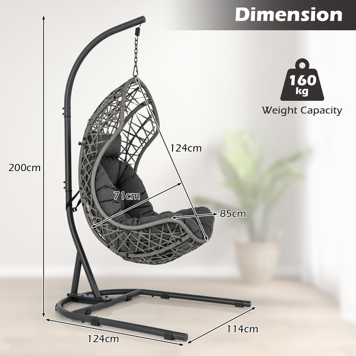 Hanging Egg Patio Wicker Chair with Stand and Cushion-Grey - TidySpaces