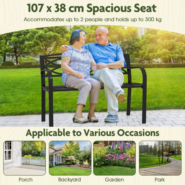Garden Bench Heavy-Duty Metal Slatted Loveseat for 2 People-Black
