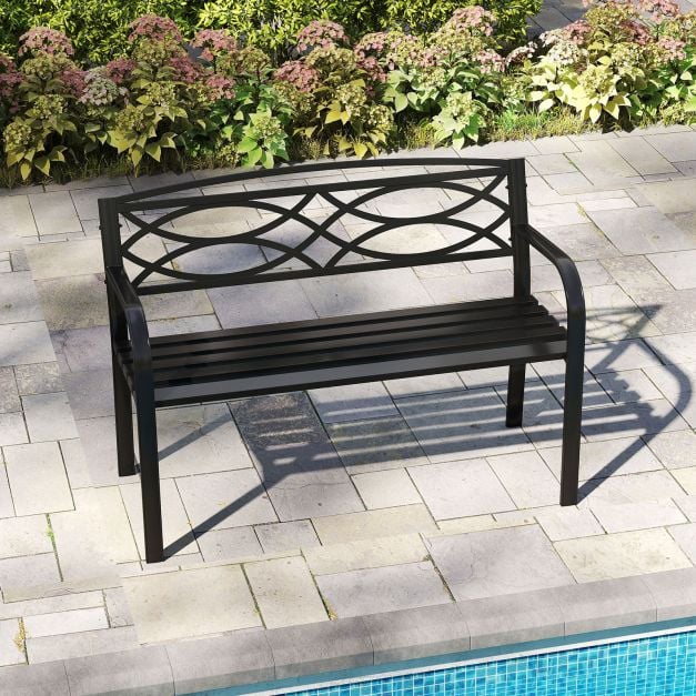 Garden Bench Heavy-Duty Metal Slatted Loveseat for 2 People-Black