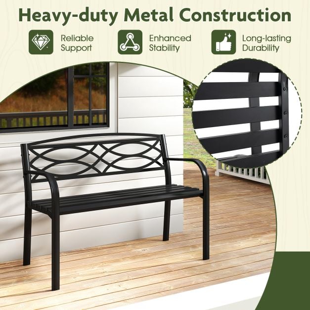 Garden Bench Heavy-Duty Metal Slatted Loveseat for 2 People-Black