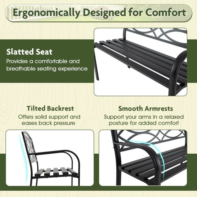 Garden Bench Heavy-Duty Metal Slatted Loveseat for 2 People-Black