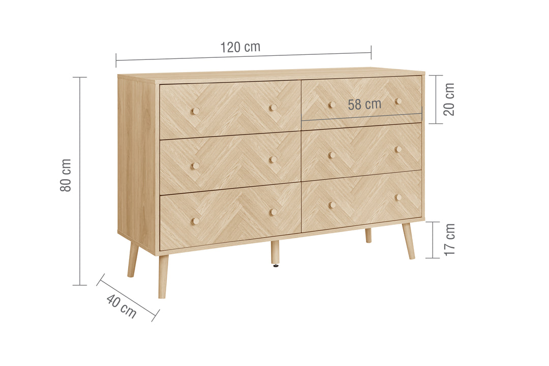 Herringford 6 Drawer Chest Oak Finish Stylish Bedroom Storage