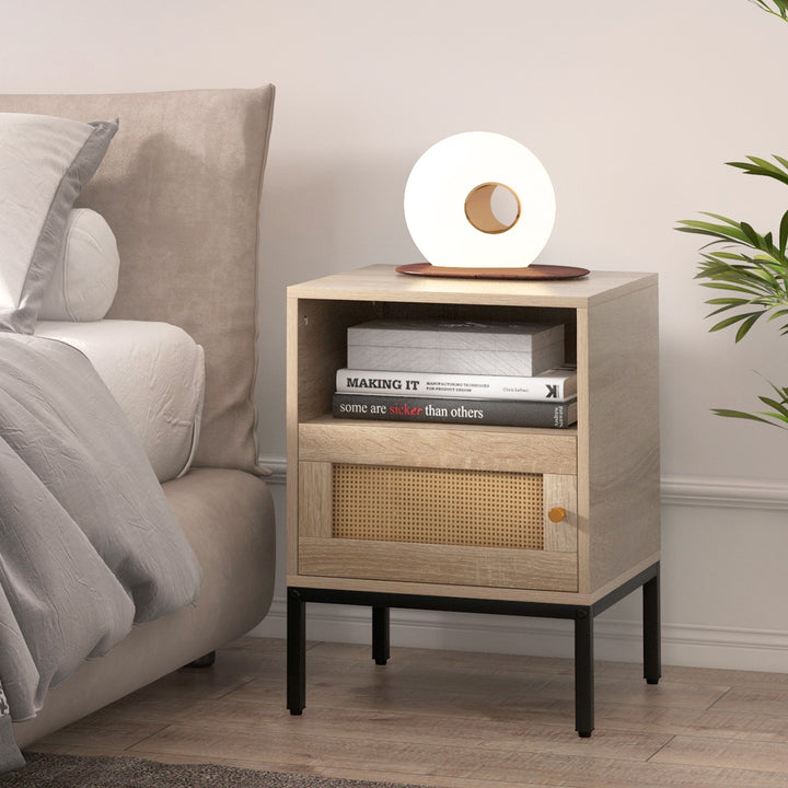 Home Boho Style Nightstand Accent Table with Open Shelf and Door Cabinet-Natural - TidySpaces