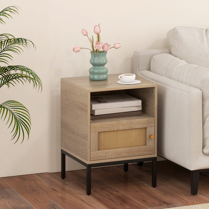 Home Boho Style Nightstand Accent Table with Open Shelf and Door Cabinet-Natural - TidySpaces