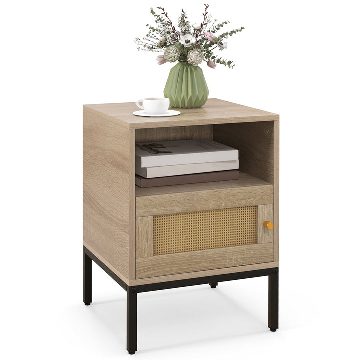 Home Boho Style Nightstand Accent Table with Open Shelf and Door Cabinet-Natural - TidySpaces