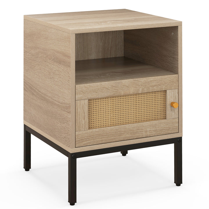 Home Boho Style Nightstand Accent Table with Open Shelf and Door Cabinet-Natural - TidySpaces