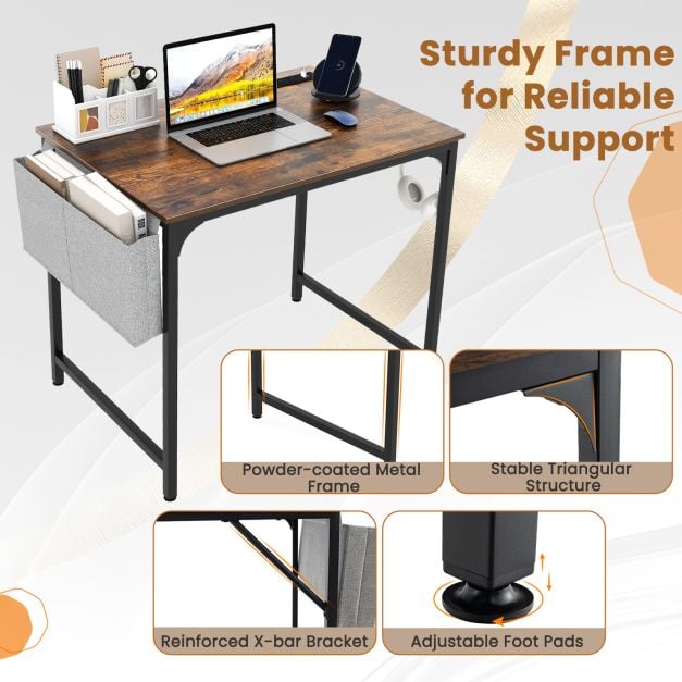 Home Office Desk with Charging Station and Storage Bag-Brown