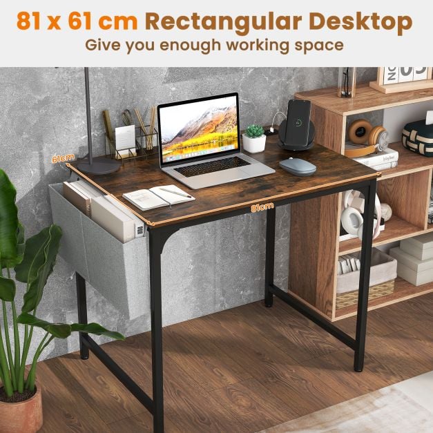 Home Office Desk with Charging Station and Storage Bag-Brown