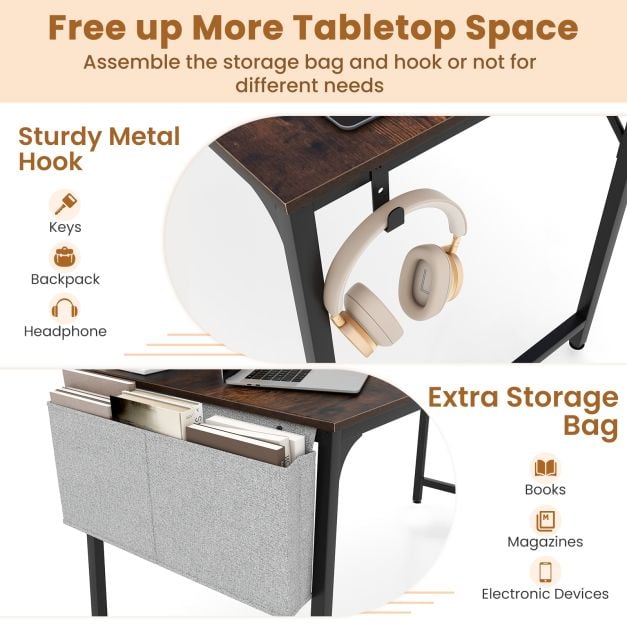 Home Office Desk with Charging Station and Storage Bag-Brown