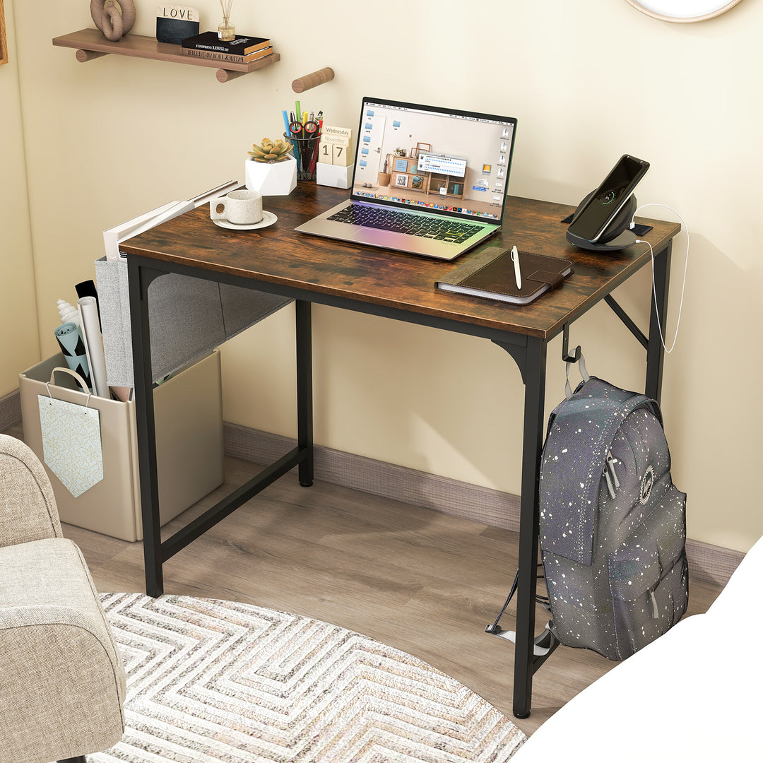 Home Office Desk with Charging Station and Storage Bag-Brown