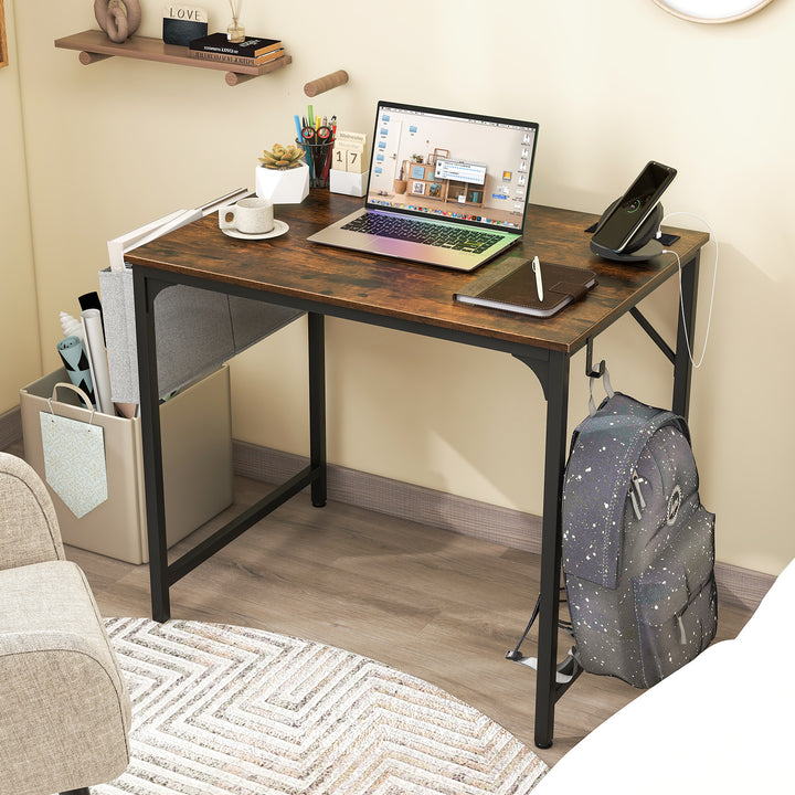 Home Office Desk with Charging Station and Storage Bag-Brown