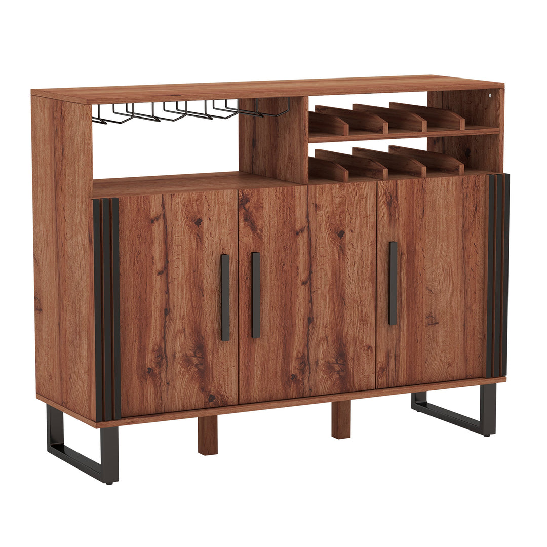 Home Wine Bar Cabinet with 3 Door and 4 Row Glass Rustic Rustic Brown - TidySpaces