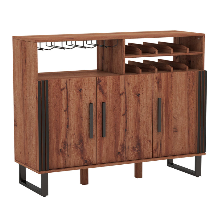Home Wine Bar Cabinet with 3 Door and 4 Row Glass Rustic Rustic Brown - TidySpaces
