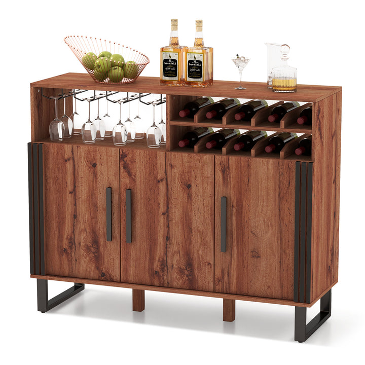 Home Wine Bar Cabinet with 3 Door and 4 Row Glass Rustic - TidySpaces