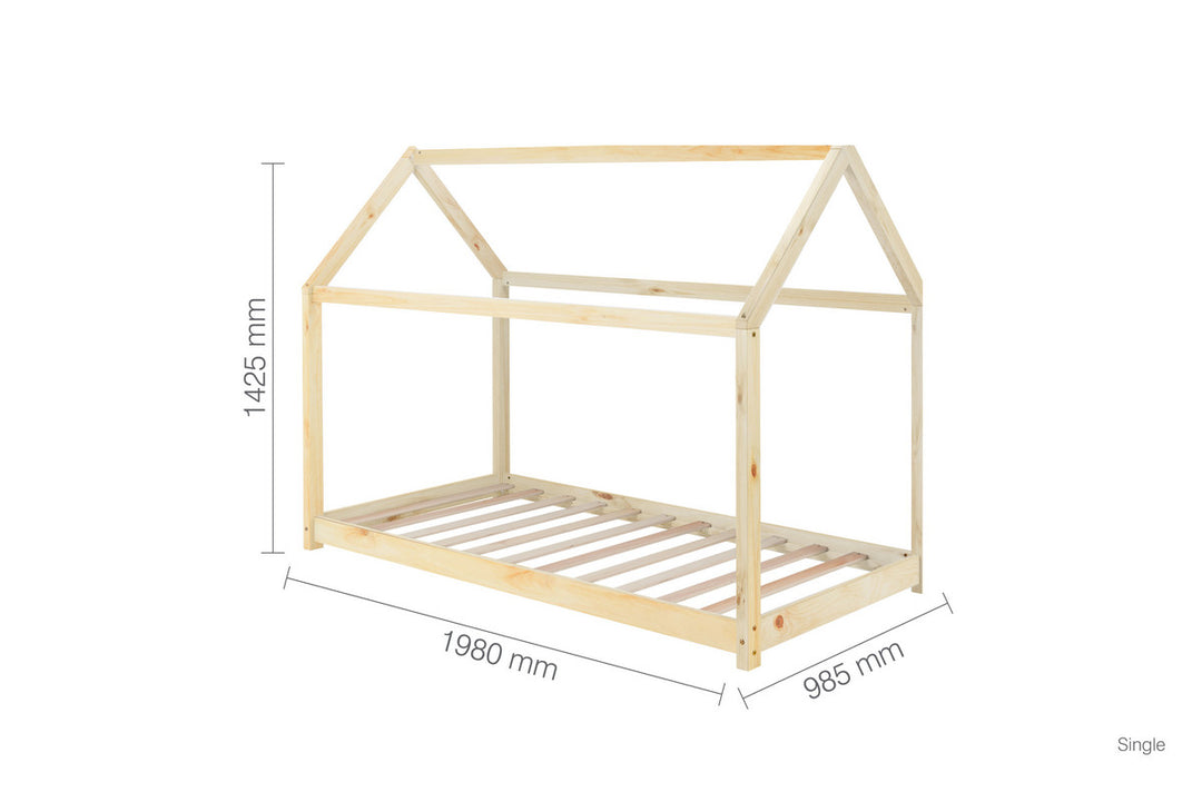 Wooden House Bed Frame with Solid Slatted Base for Kids Room