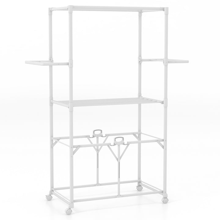 H-shaped Clothes Drying Rack Collapsible with Detachable Middle Shelf-White