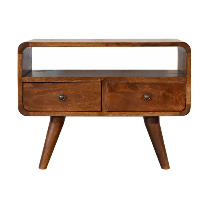 Mini Chestnut Curved Media Unit with 2 Drawers - TidySpaces