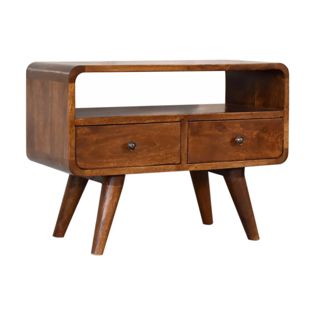 Mini Chestnut Curved Media Unit with 2 Drawers - TidySpaces